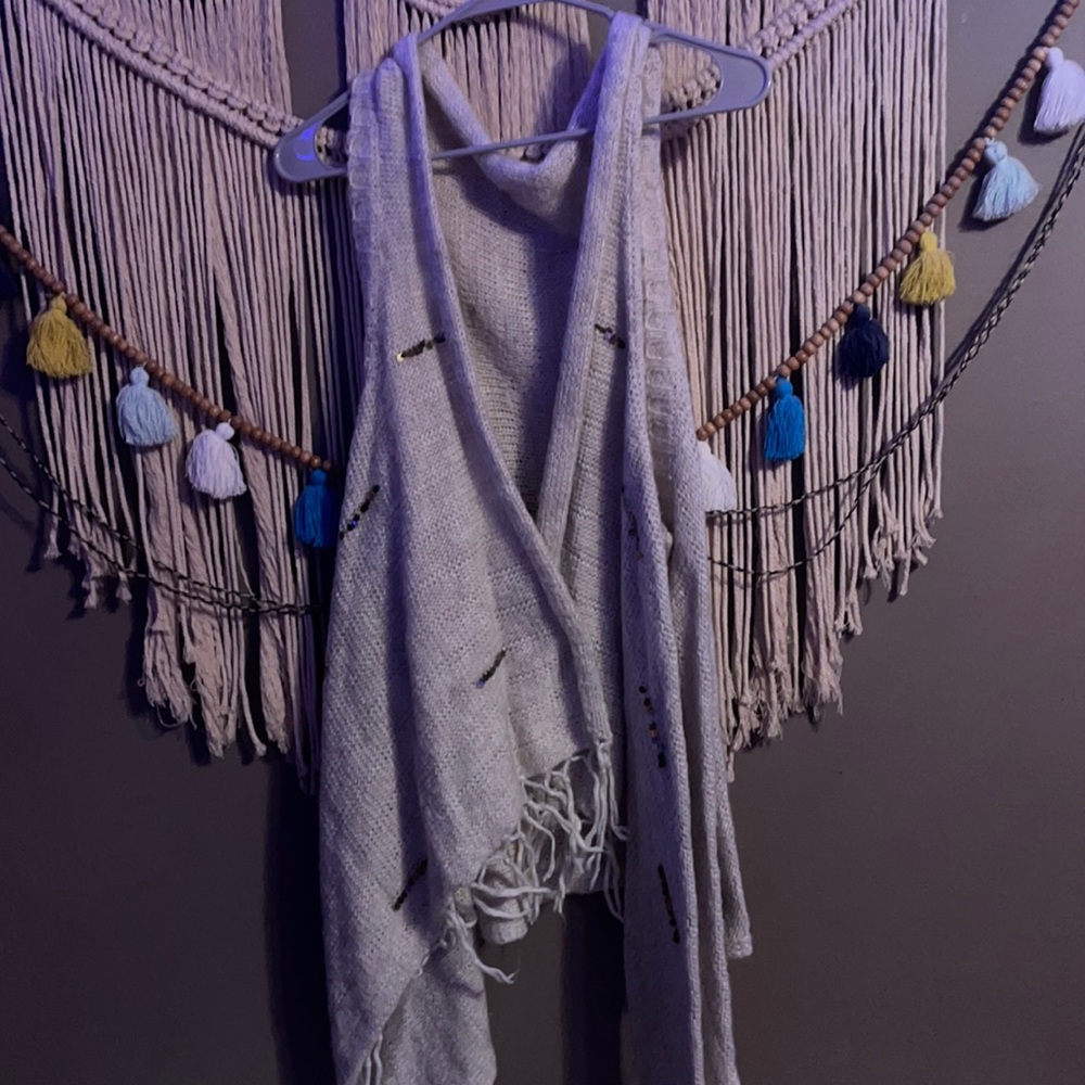 Cream Knitted Sleeveless Shawl with Gold Accents